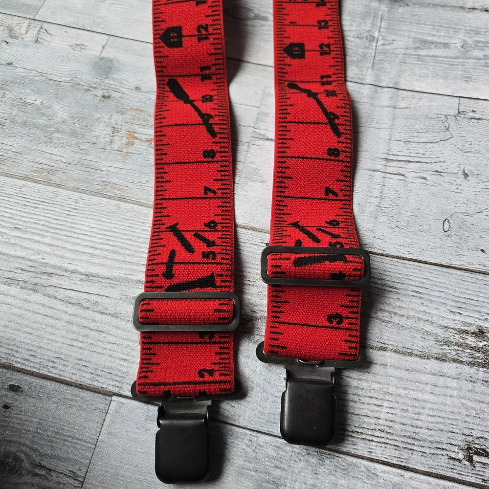 Men's Suspenders X Style Black on Red Measuring Tools - Picture 3 of 7
